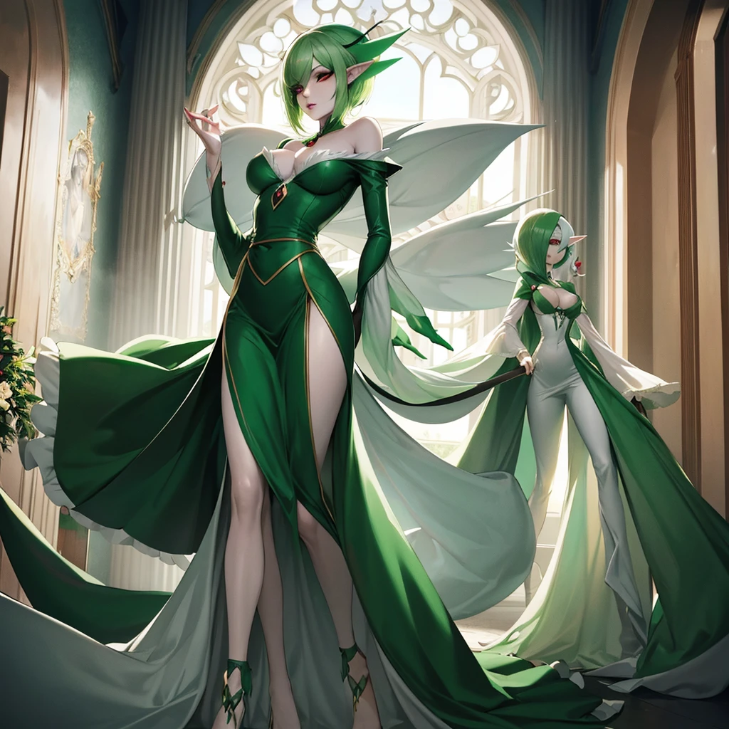 elf woman(only one) white skin with green hair similar to gardevoir red eyes open black victorian dress like gardevoir good figure pretty milf woman .
