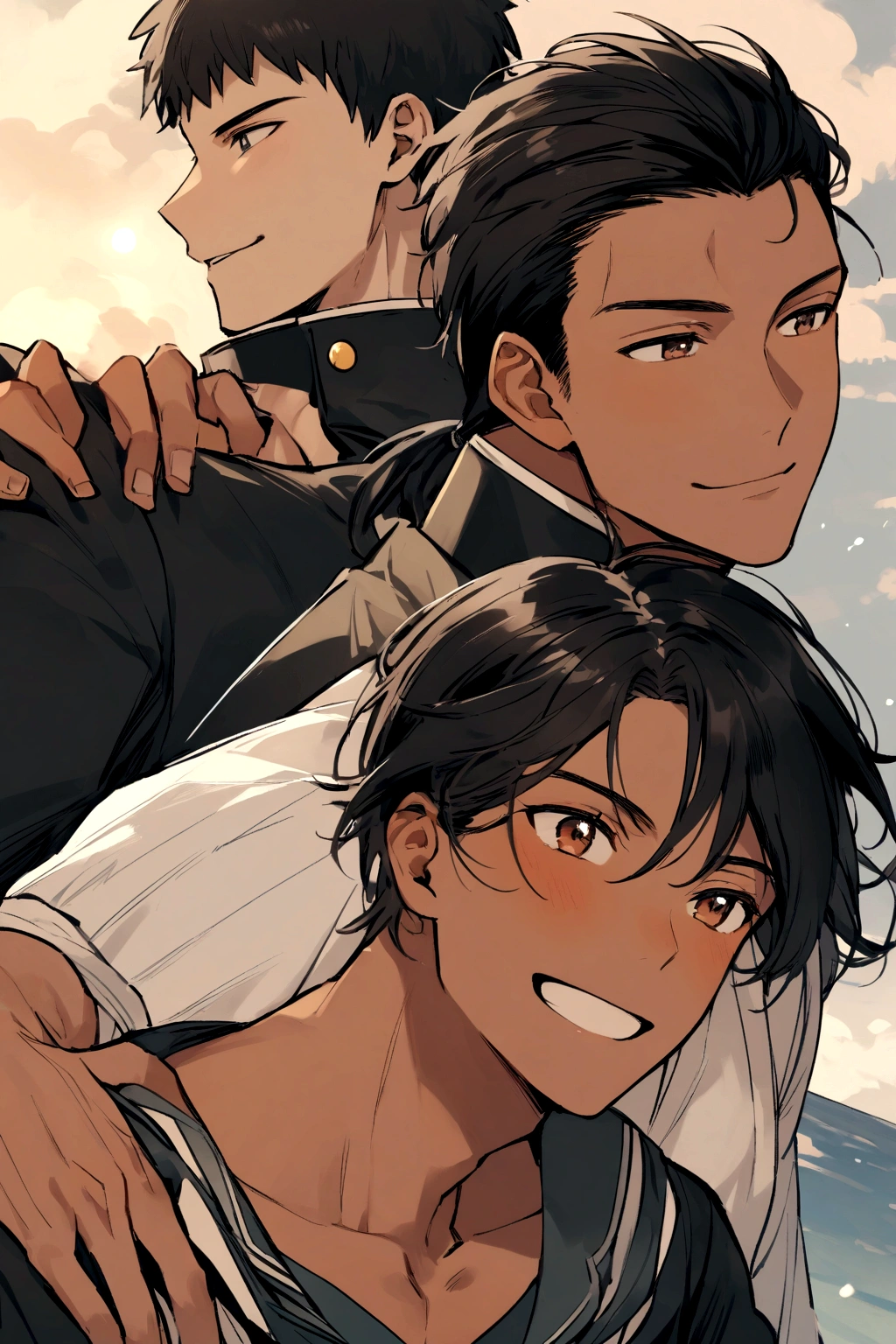 A handsome boy with tan complexion and brown black hair wearing a gakuran And next to him was a girl with light skin and black hair wearing a sailor fuku as they ran happily together. 