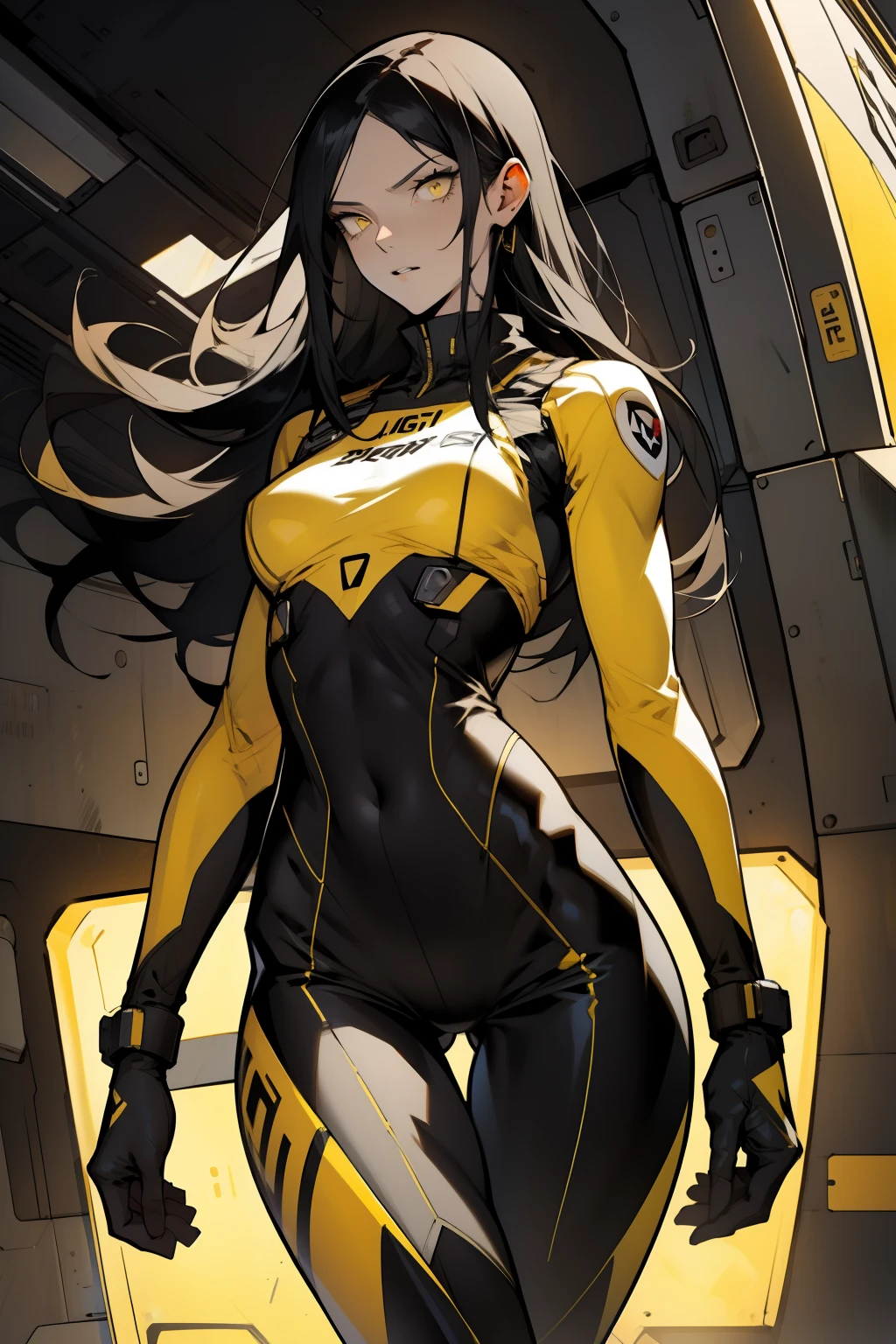 1 girl, black hair, yellow eyes, very long hair, pale skin, fit body, slender body, slim waist, large breasts, (confident expression), pilot suit, thigh gap, bare thighs, sleeveless
