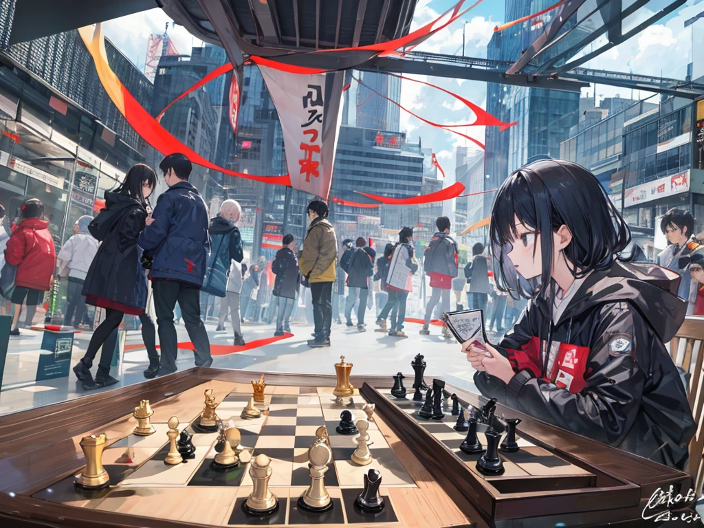 Chess Tournament、There are people playing chess around々Lots of、Cloudy、Highest quality、