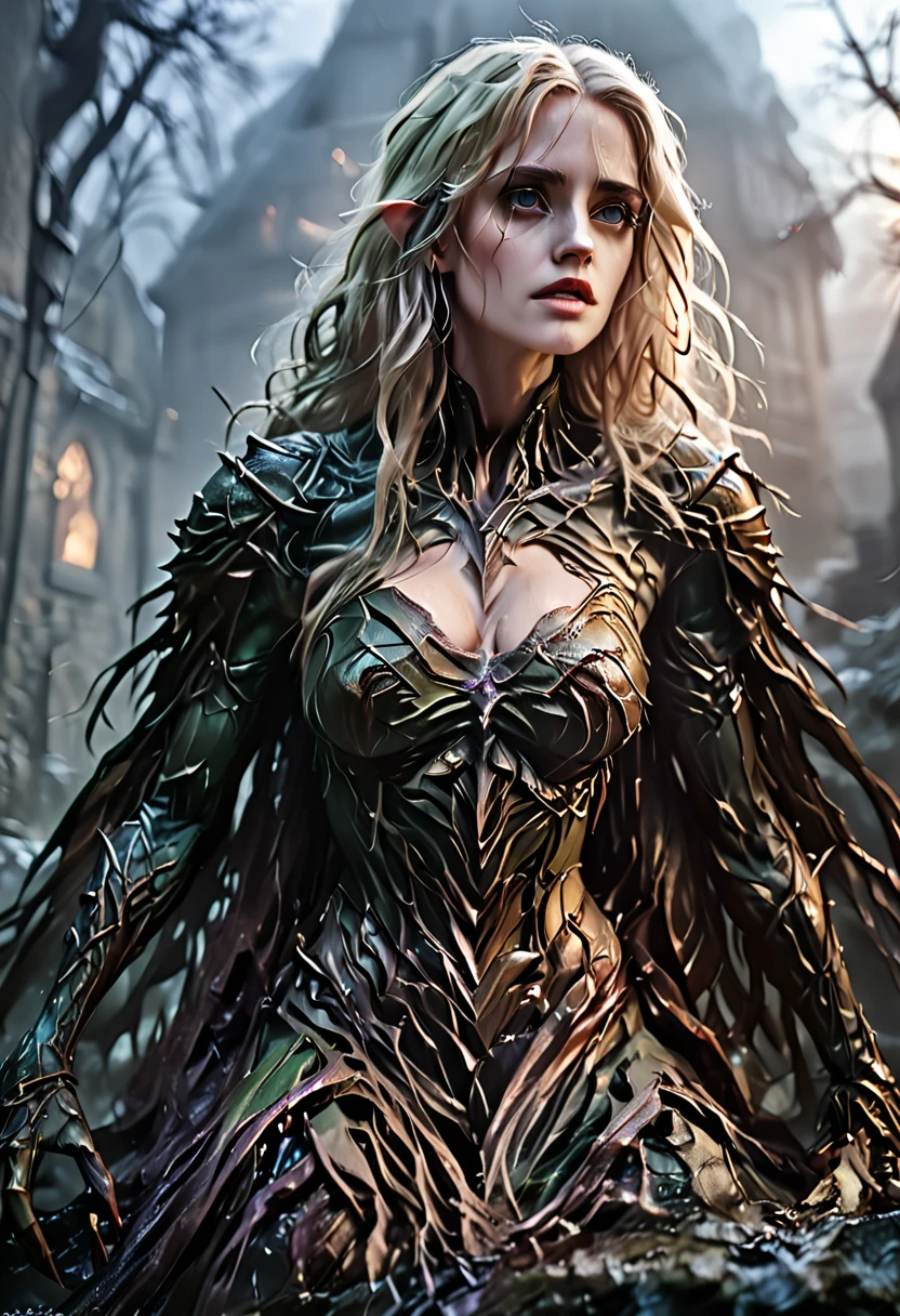 a fantasy elf woman, eva green, dungeons and dragons, highly detailed portrait, beautiful detailed eyes, beautiful detailed lips, extremely detailed face and skin, flawless skin, flowing hair, intricate armor, fantasy landscape background, muted color palette, dramatic lighting, cinematic composition, award winning digital art, artstation, 8k, dungeons and dragons artwork painted, blonde hair,