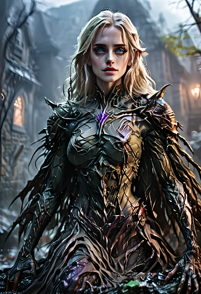 a fantasy elf woman, eva green, dungeons and dragons, highly detailed portrait, beautiful detailed eyes, beautiful detailed lips, extremely detailed face and skin, flawless skin, flowing hair, intricate armor, fantasy landscape background, muted color palette, dramatic lighting, cinematic composition, award winning digital art, artstation, 8k, dungeons and dragons artwork painted, blonde hair,