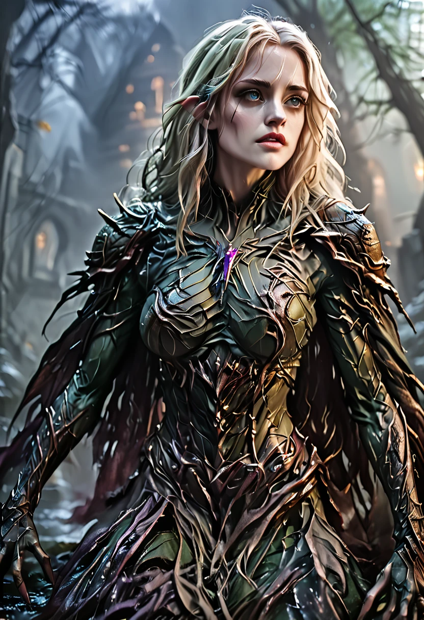 a fantasy elf woman, eva green, dungeons and dragons, highly detailed portrait, beautiful detailed eyes, beautiful detailed lips, extremely detailed face and skin, flawless skin, flowing hair, intricate armor, fantasy landscape background, muted color palette, dramatic lighting, cinematic composition, award winning digital art, artstation, 8k, dungeons and dragons artwork painted, blonde hair,