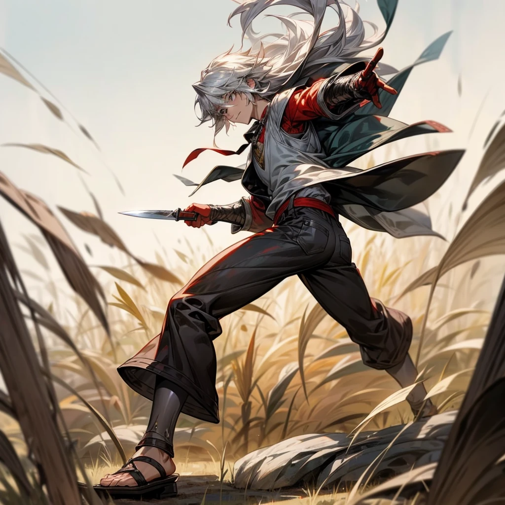 1boy, Full body version, 1character, black eyes color, milk skin, long hairstyle, monolod eyes type, silver colour hair, muscle, Farmer villager clothing style, red color clothing, black pants, white scraf, Ancient roman sandals, vest armors, knife in two hand, Grassroots background in field villager, motion blur, battle gesture