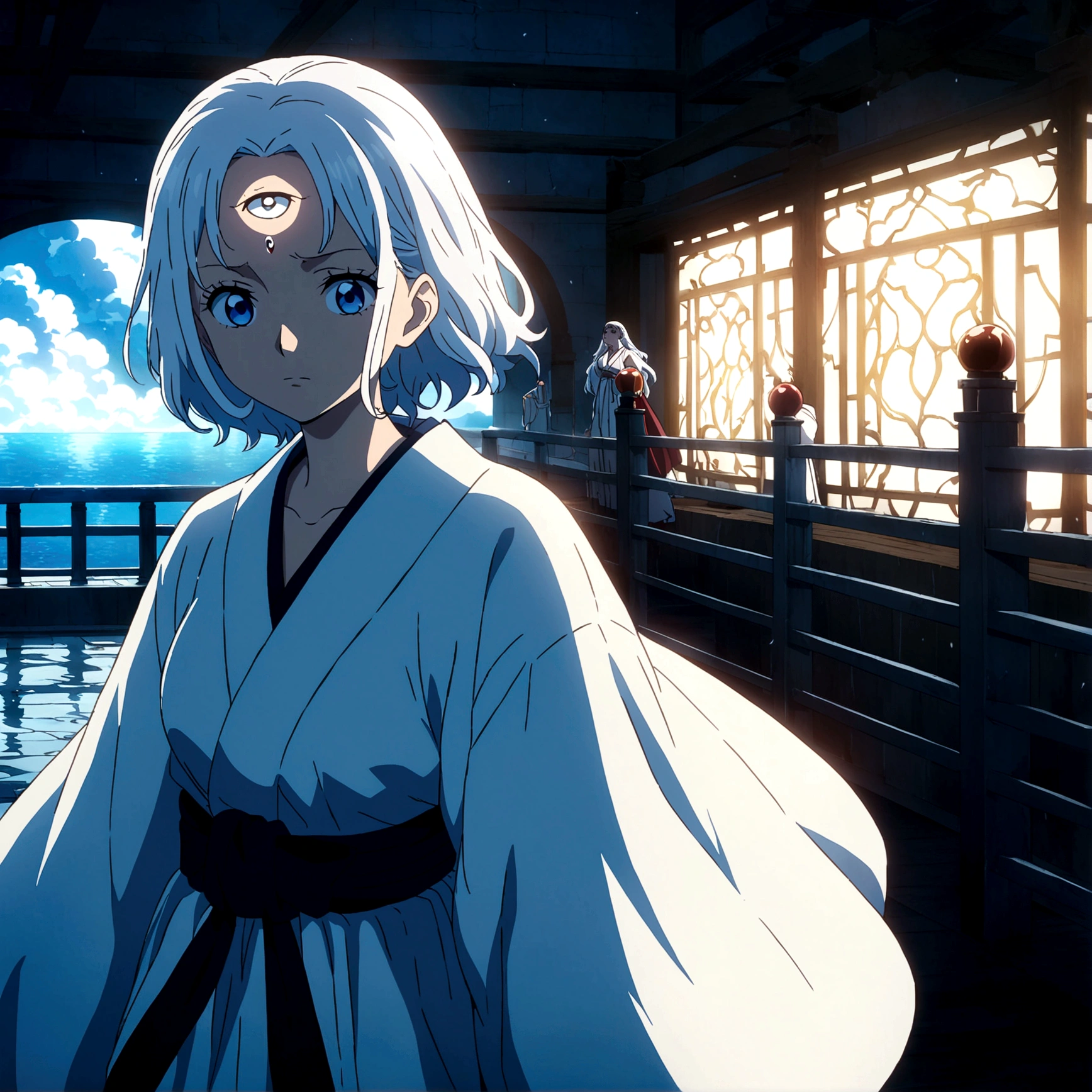 Adult woman, bright light blue eyes and third eye on forehead, long white hair, white Japanese dress from the classical era, cold and focused expression, "One Piece-inspired anime features, drenched in dramatic and incredible lighting, dramatic lighting, infused with creative details, ultra-fine 2D design, scenery bathed in creativity, bathed in creativity, boasting HD anime resolution clarity, HD anime graphics, high-octane rendering"