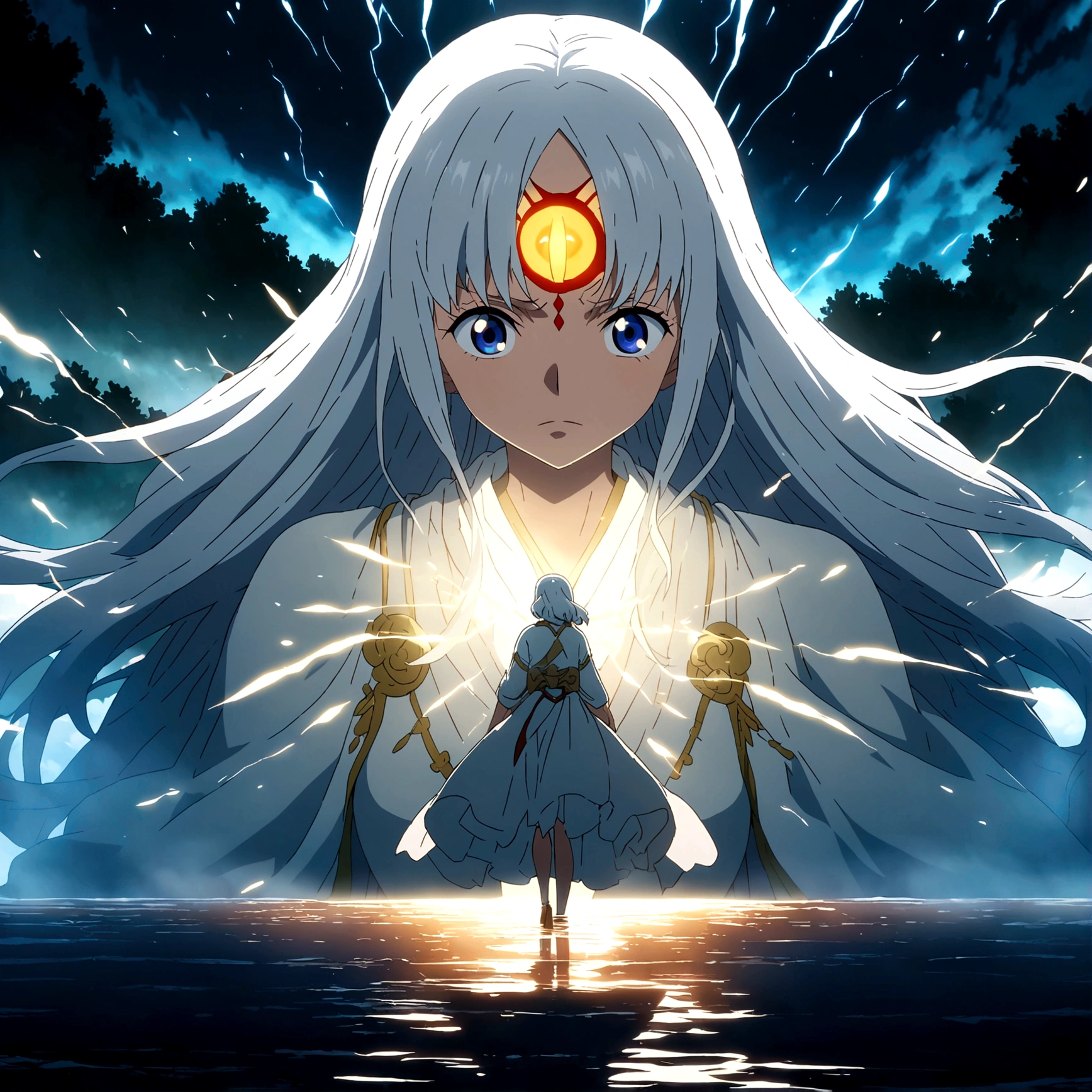 Adult woman, bright light blue eyes and third eye on forehead, long white hair, white Japanese dress from the classical era, cold and focused expression, "One Piece-inspired anime features, drenched in dramatic and incredible lighting, dramatic lighting, infused with creative details, ultra-fine 2D design, scenery bathed in creativity, bathed in creativity, boasting HD anime resolution clarity, HD anime graphics, high-octane rendering"