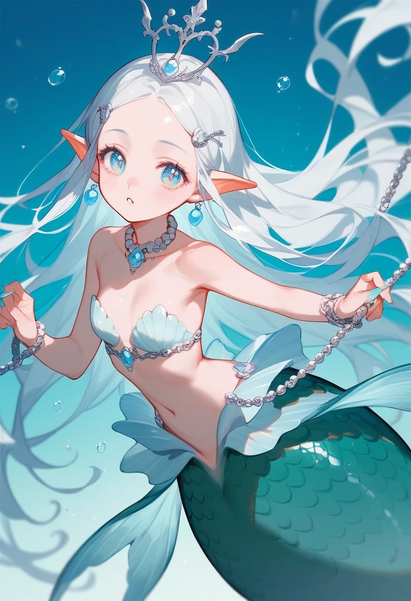 (best quality,4k,8k,highres,masterpiece:1.2),ultra-detailed, Pretty anthropomorphic albino mouse girl magically transformed into a beautiful mermaid, race swap, fantastic transformation, sharp teeth, beautifully detailed lips with lipstick, she’s is smiling, drawn in anime style, steampunk, fishlike, wet body, very long curly white hair, red eyes with long eyelashes, white fur, slim body, red manicured nails, whiskers, mouse ears with pearls attached on them, long mermaid tail below waistline with shimmering cyan fish scales, pelvic and dorsal fins, a pair of fish gills on her torso, seashell bra, pearl bracelets, pearl necklace, joyful expression, playful mermaid poses, sparkling water, water reflections, ethereal atmosphere, subtle glow, whimsical and enchanting, checking her new body, underwater world, colorful coral reef, magical underwater lighting, vivid colors, breathing underwater, endless ocean depths, sunlight filtering through the water, Highly detailed, masterpiece, high quality, 4K.