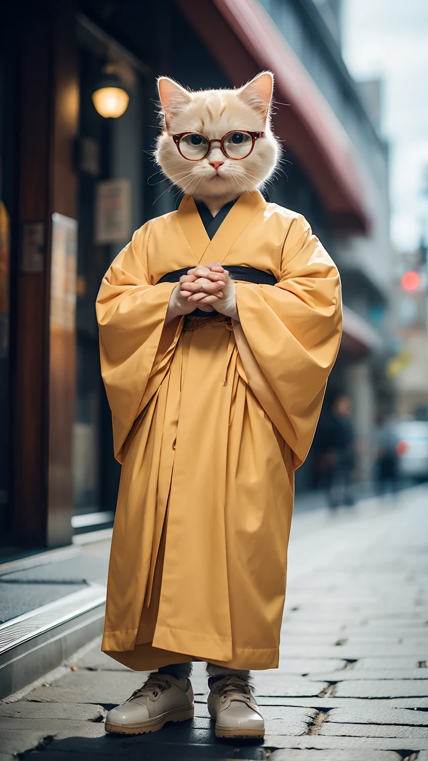 HDR, UHD,8K, highly detailed, realistic, photo-realistic:1.37), best quality, masterpiece, maomi, blurry background. Square-shaped glasses. Glasses with small frames. silk kimono, Regal Hakama. kimono for men from the Taisho period. standing, Gestures of both hands. solo, outdoors, full body, shoes, depth of field. The face is facing the camera. The image should be photorealistic and detailed. whole body, entire body, upright stance.