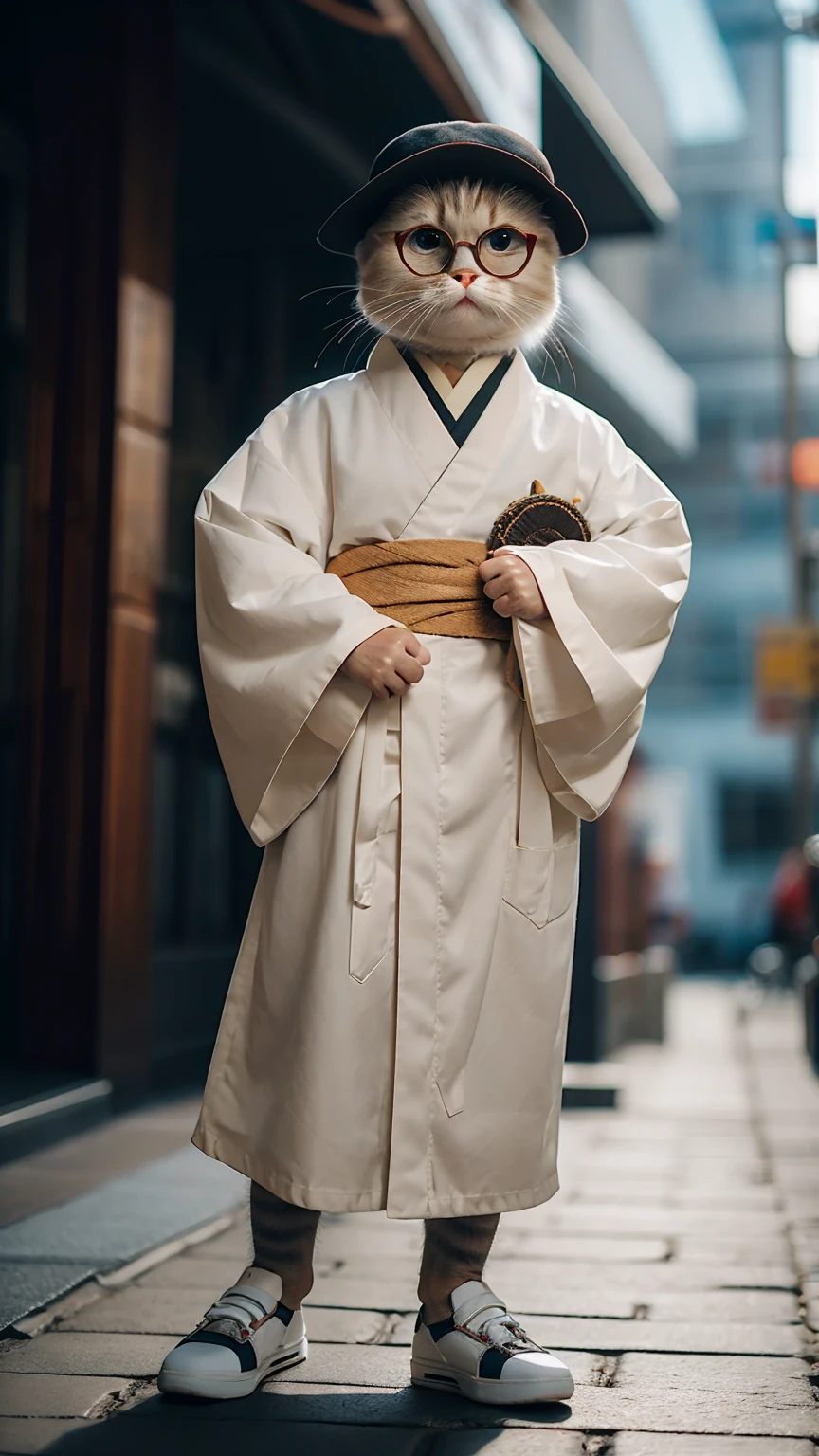 HDR, UHD,8K, highly detailed, realistic, photo-realistic:1.37), best quality, masterpiece, maomi, blurry background. Square-shaped glasses. Glasses with small frames. silk kimono, Regal Hakama. kimono for men　from the Taisho period. standing, Gestures of both hands. solo, outdoors, full body, shoes, depth of field. The face is facing the camera. The image should be photorealistic and detailed. whole body, entire body, upright stance.