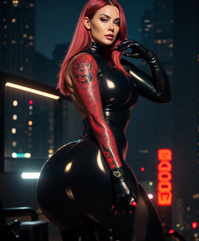 Beautiful woman with amazing body wearing a dark gray latex full body catsuit with red neon tattoos lit up like intense light, young woman, with her back to the camera showing a huge ass, Very slender waist, wide hip, beautiful grandmother, beautiful old woman, night and urban scenery with bokeh and flares on camera
