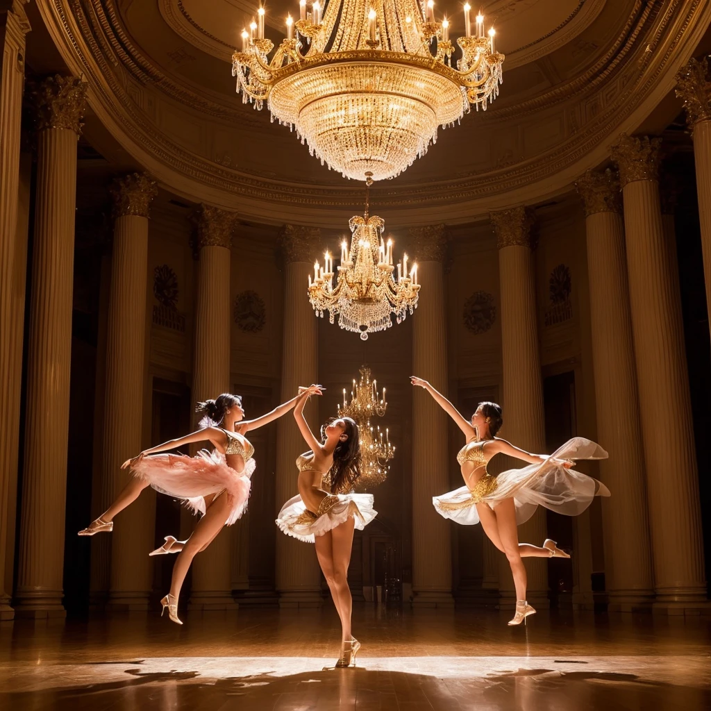 Three pretty, beautiful women perform an intensely synchronized dance in a large hall under a chandelier. The scene is grand and powerful, with dynamic shots capturing the energy and precision of their dance. Lighting includes flashing lights and dramatic color changes to enhance the dramatic effect.