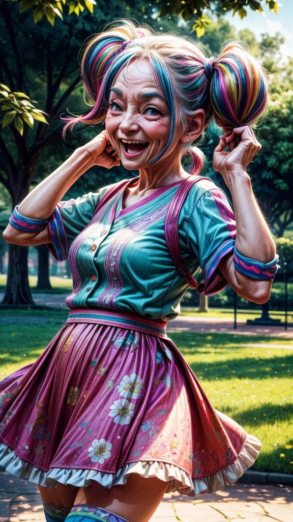 A funny old man with twin tails、Dancing merrily、garden