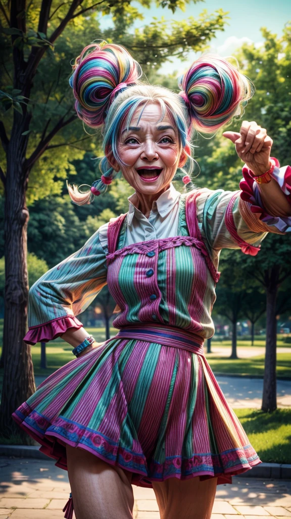 A funny old man with twin tails、Dancing merrily、garden