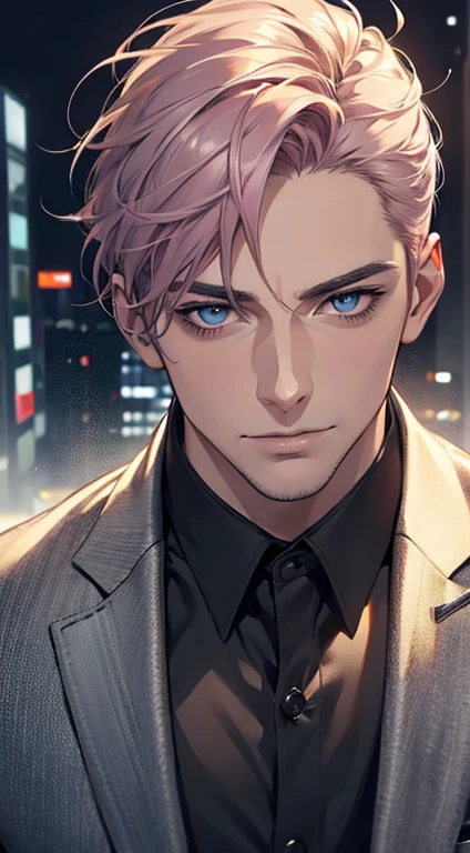 (best quality,4k,8k,highres,masterpiece:1.2),ultra-detailed,(realistic,photorealistic,photo-realistic:1.37),1 man,31 years old,mature man,very handsome,without expression,smile,short grey pink hair,blue eyes,penetrating gaze,perfect face without errors,imposing posture,businessman,office background,cinematic lighting,hdr image
