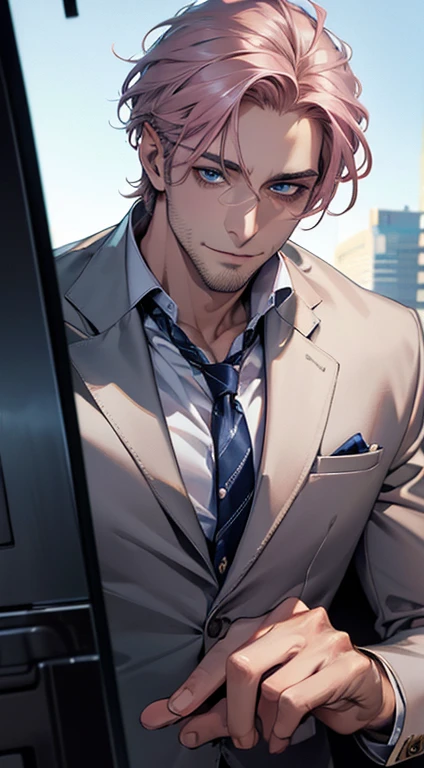 (best quality,4k,8k,highres,masterpiece:1.2),ultra-detailed,(realistic,photorealistic,photo-realistic:1.37),1 man,31 years old,mature man,very handsome,without expression,smile,short grey pink hair,blue eyes,penetrating gaze,perfect face without errors,imposing posture,businessman,office background,cinematic lighting,hdr image
