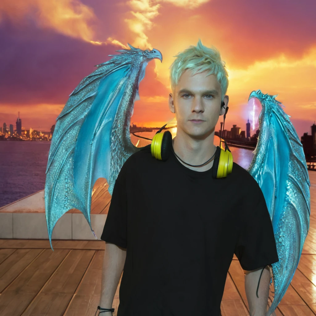 A man with short blond hair, with silver dragon wings, headphones and black shirt.