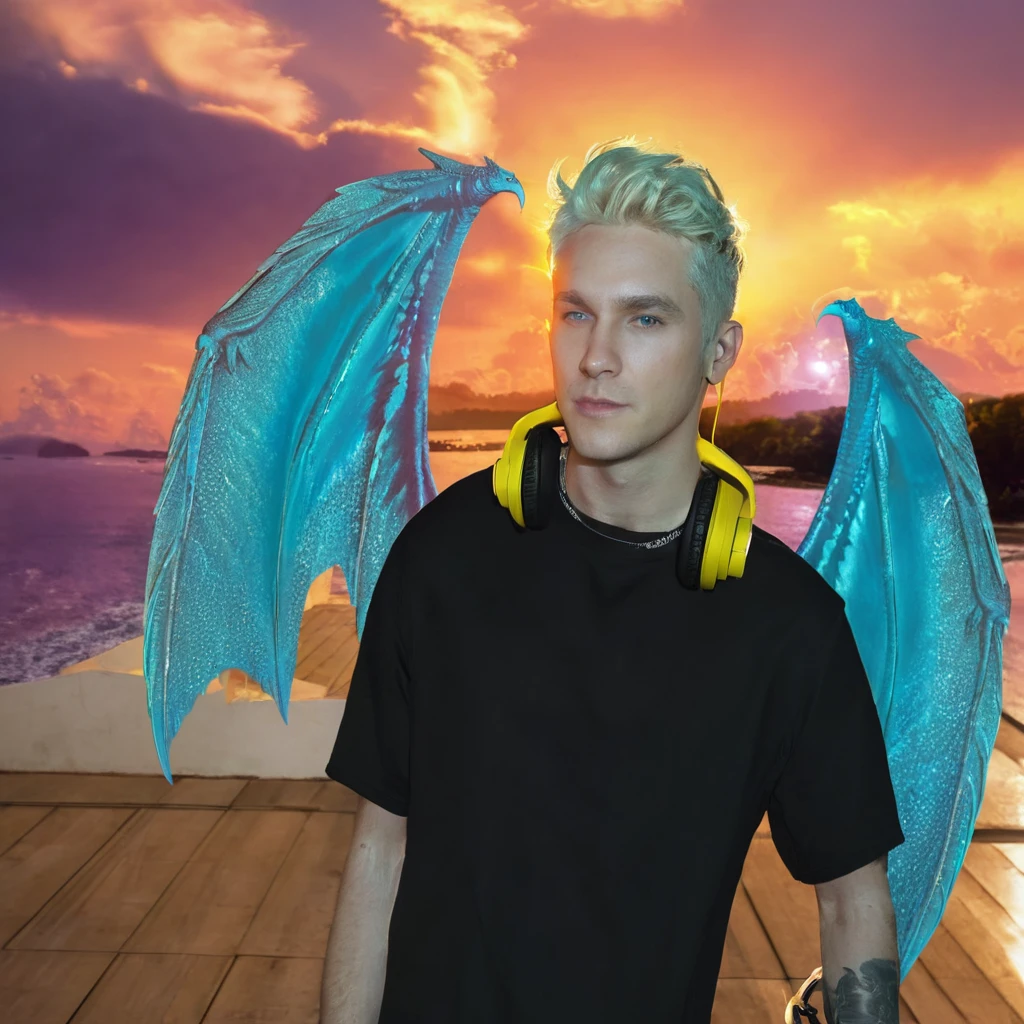 A man with short blond hair, with silver dragon wings, headphones and black shirt.