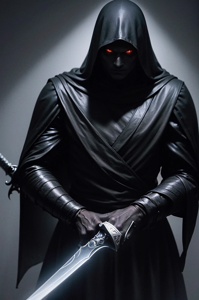 A dark demonic creature, black shadowy figure, holding a sword, dramatic lighting, dark fantasy, cinematic, chiaroscuro, Moody, dramatic, highly detailed, 8k, Photorealistic, In his hand he held a woman&#39;s head, sword pointing up