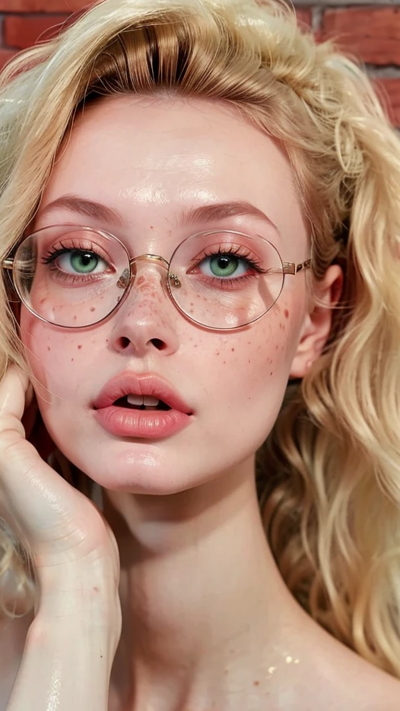 dynamic close-up of the upper part of 1 Russian woman, legitimate albino, extremely slim and beautiful, perfect body, (well-shaped and delicate face with (freckles)), skin with highly detailed depth, she is leaning against a brick wall, (hair over the eyes, long, slightly messy and shiny, wavy blonde hair), (detailed, large and bright eyes, light green eyes, curved eyelashes, large glasses), (sensual pout with mouth), wearing a short sweater showing the shoulders , (she is sweaty (shining with sweat)), ultra realistic image, perfect symmetry, vibrant and sharp, dynamic vision, high quality, hyper-realistic and cinematic 64k.