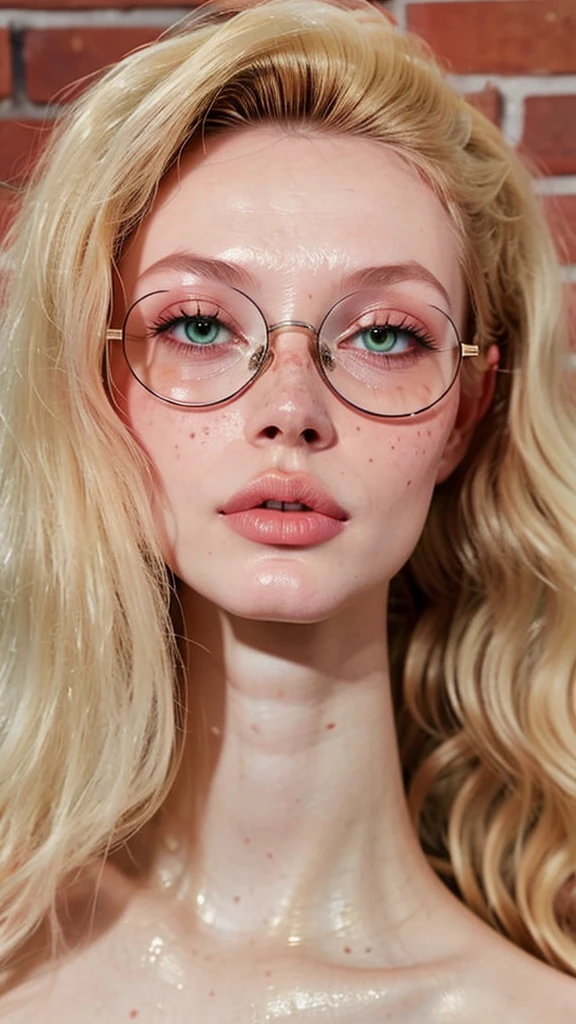 dynamic close-up of the upper part of 1 Russian woman, legitimate albino, extremely slim and beautiful, perfect body, (well-shaped and delicate face with (freckles)), skin with highly detailed depth, she is leaning against a brick wall, (hair over the eyes, long, slightly messy and shiny, wavy blonde hair), (detailed, large and bright eyes, light green eyes, curved eyelashes, large glasses), (sensual pout with mouth), wearing a short sweater showing the shoulders , (she is sweaty (shining with sweat)), ultra realistic image, perfect symmetry, vibrant and sharp, dynamic vision, high quality, hyper-realistic and cinematic 64k.