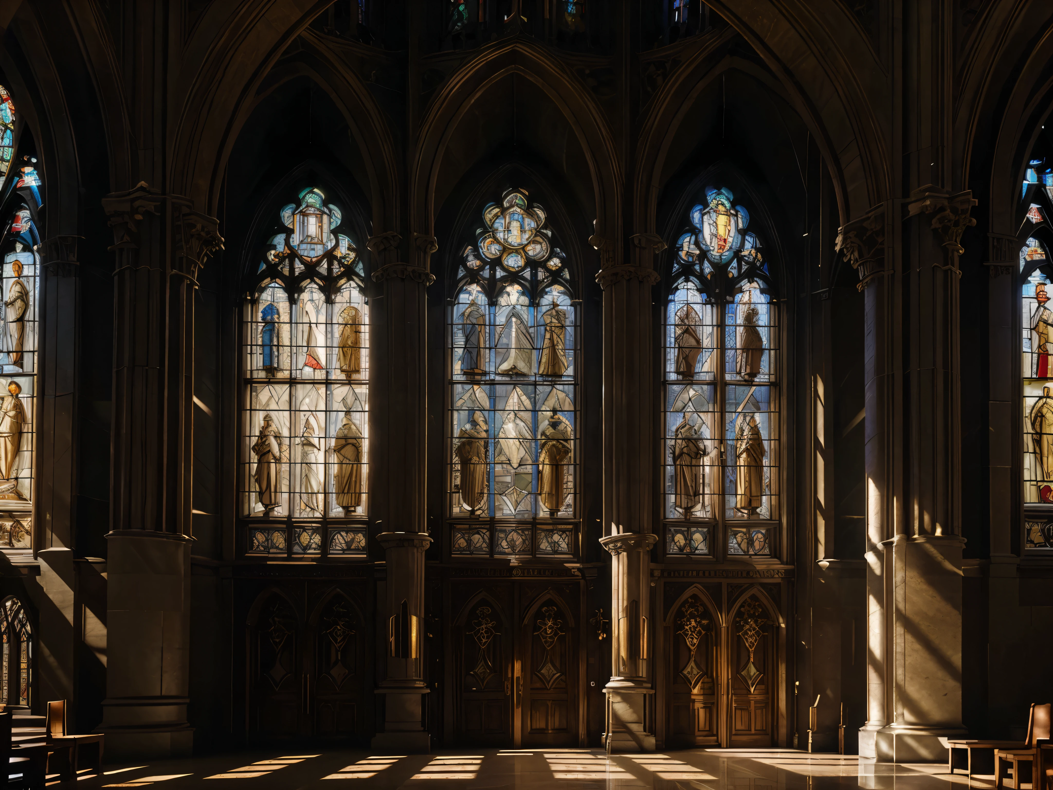 a grand cathedral entrance, intricate gothic architecture, stained glass windows, marble columns, ornate carvings, sunlight streaming through, soaring arches, awe-inspiring scale, ornate religious iconography, detailed stone masonry, medieval ambiance, reverent atmosphere, dramatic lighting, photorealistic, highly detailed, cinematic composition