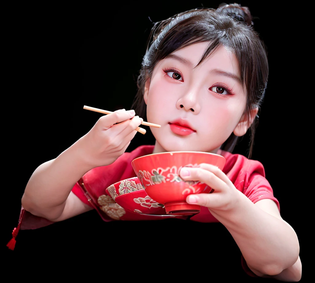 a small chinese boy, 5 fingers, holding chopsticks and bowl, eating delicious rice, beautiful detailed eyes, beautiful detailed lips, extremely detailed eyes and face, long eyelashes, intricate traditional asian clothing, serene expression, natural lighting, photorealistic, high resolution, 8k, best quality, masterpiece, hyper detailed, cinematic lighting, warm color tones