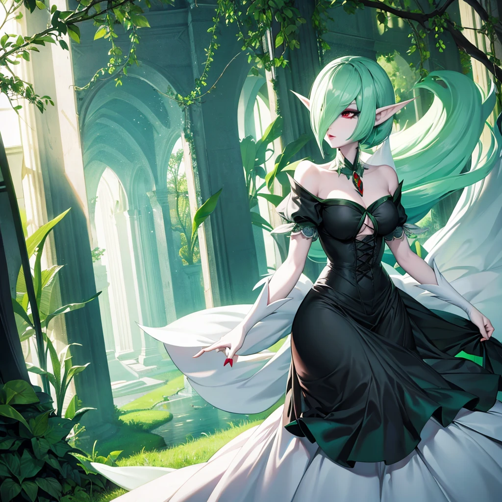 elf woman(only one) white skin with green hair similar to gardevoir red eyes open black victorian dress like mega-gardevoir good figure pretty milf woman