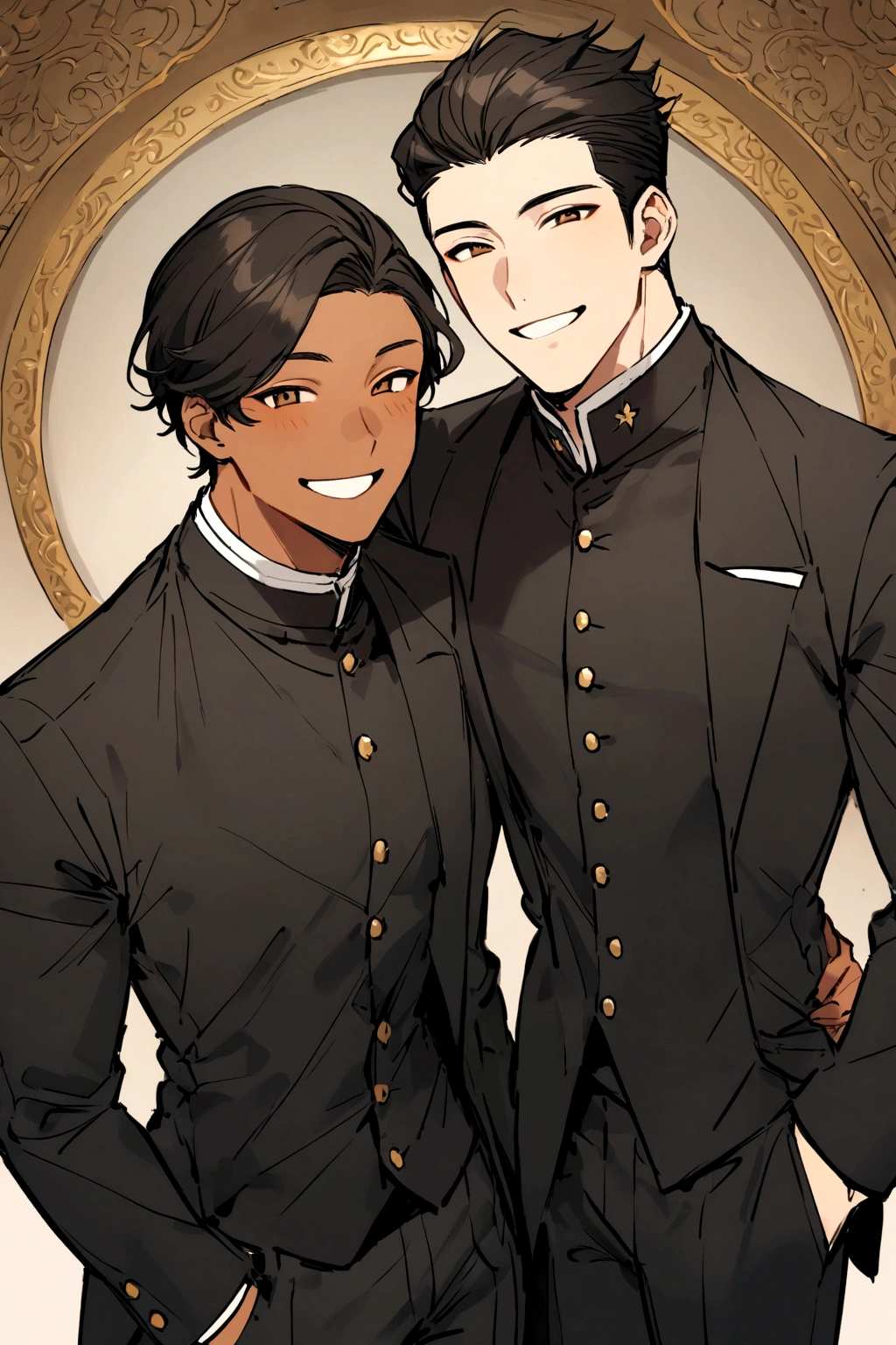 A handsome boy with tan complexion and brown black hair wearing a gakuran Smiling happily for the photo