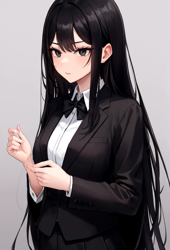 woman, long black hair, black eyes, Formal clothes.