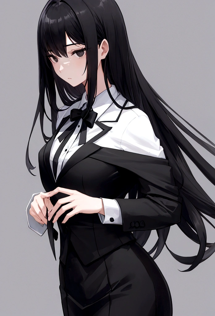 woman, long black hair, black eyes, Formal clothes.