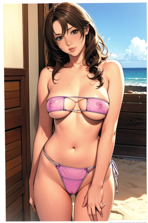 best quality, official art, masterpiece, textile shading, HDR, very detailed, colorful, best details, (Adult,19 years old, One Girl, alone, yuuki asuna, hentai:1.5, bitch, long hair, curly hair, brown hair, ultra mini skirted bikini:1.5, medium breast, puffy nipples:1.3, skinny, cameltoe:1.5, blue eye, public indecency:1.5, beach:1.5, contemptuous,