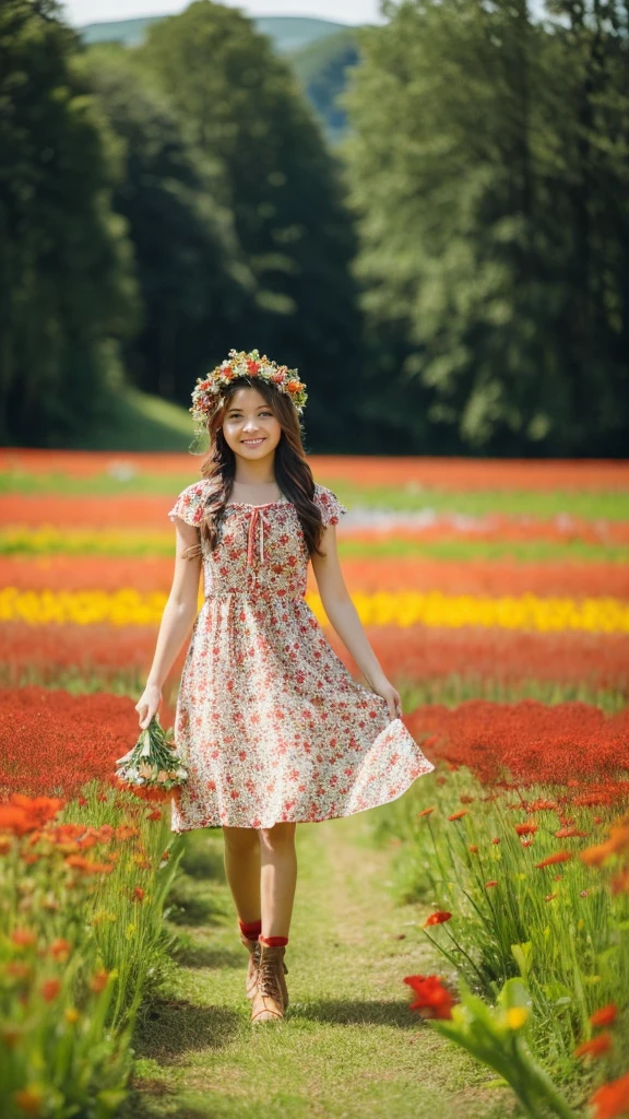 1girl, 15 years old, in a red and white dress holding a bouquet, girl in flowers, Recogiendo flores, sosteniendo flores, recogiendo una flor, girl standing in flower field, girl standing in a flower field, Flores en las mejillas del heredero, girl in a flower field, portrait of girl in flower field, Girl walking in the woods, girl with a flower head