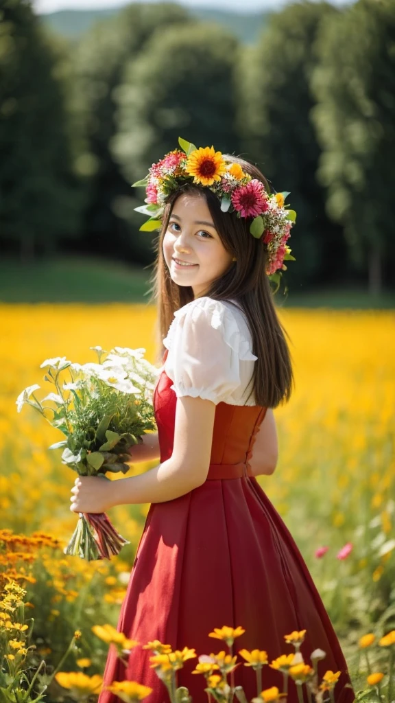 1girl, 15 years old, in a red and white dress holding a bouquet, girl in flowers, Recogiendo flores, sosteniendo flores, recogiendo una flor, girl standing in flower field, girl standing in a flower field, Flores en las mejillas del heredero, girl in a flower field, portrait of girl in flower field, Girl walking in the woods, girl with a flower head