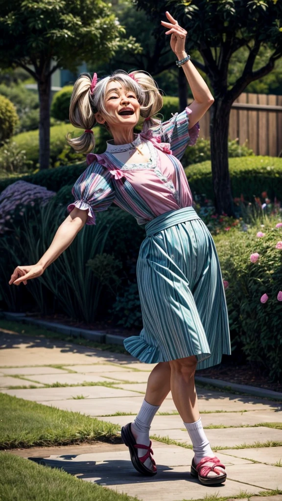 A funny old man with twin tails、Dancing merrily、garden