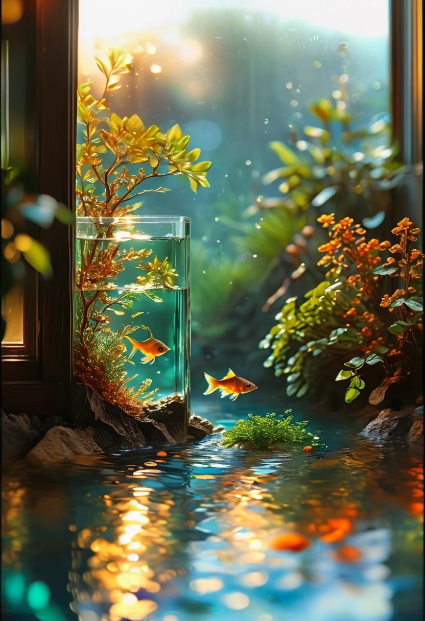 Evening view outside the window, Small fish in an aquarium by the window、The water surface shimmers in the light、Golden Hour、Jordan Grimmer, Highest quality, masterpiece, so beautiful, Perfect composition, Intricate details, Super detailed