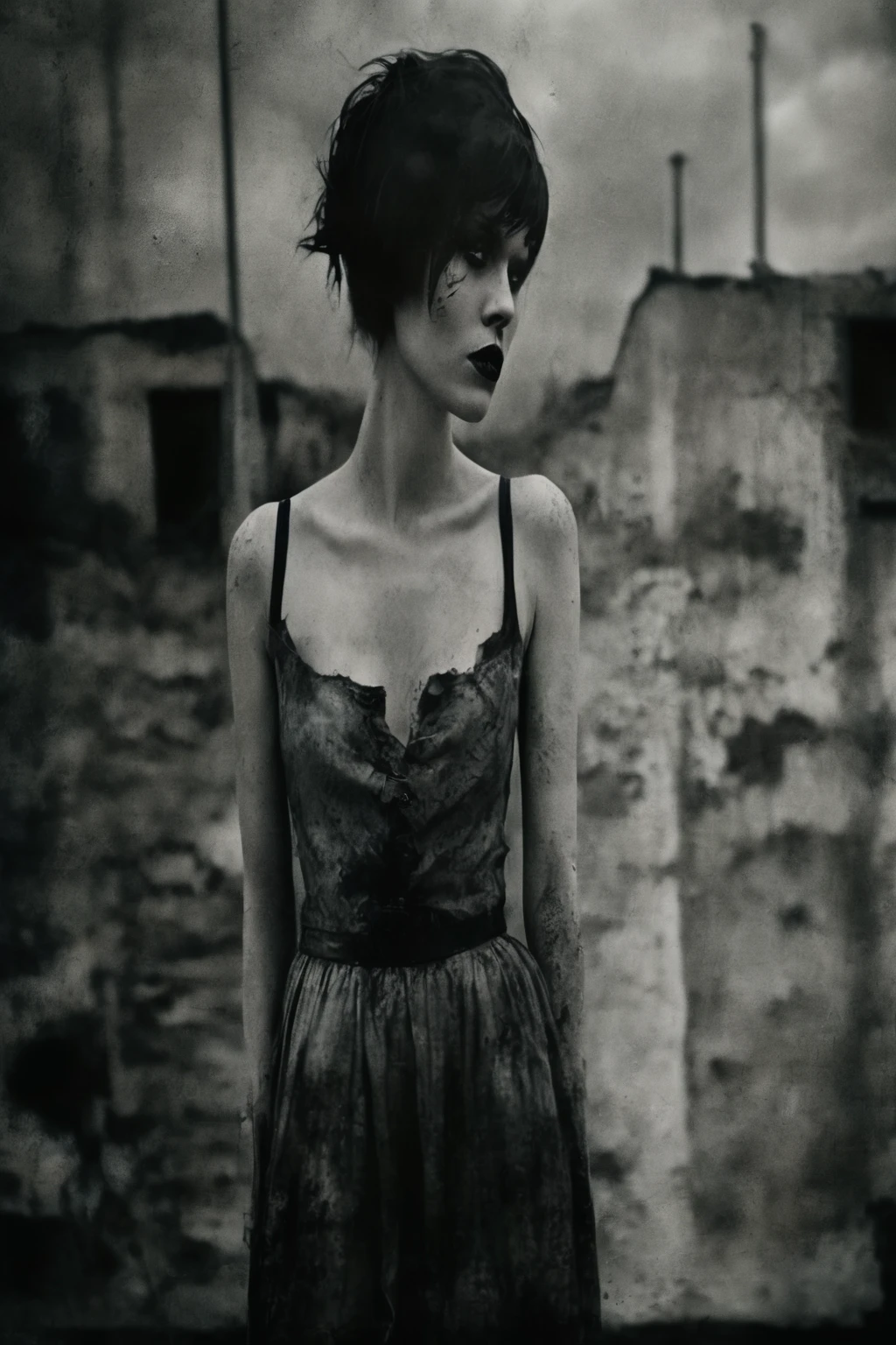 Woman with black makeup and a dress standing in a dirty area, inspired by Katia Chausheva, photography alexei gurylev, tattered dress, portrait of a sinister girl, post-grunge portrait, photography alexei kurylev, gloomy apocalyptic style, dirty woman, dark and grimy, impressive and moody, dark and gritty