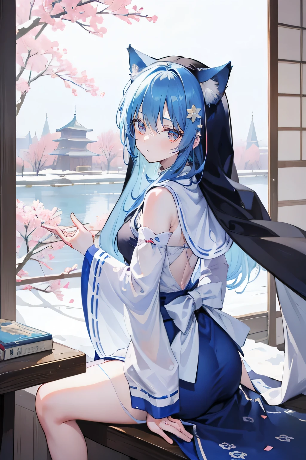 (masterpiece:1.2),Super detailed,lifelike,Expressive eyes,fair skin,perfect face shape,1 girl,
Japanese comics,Gorgeous blue hair,flowing blue hair,flowing clothes,Cat ears,Petals fall,beautiful lola,Baby Angel,
Shaking head with one hand,Cross your legs,Gentle and peaceful background,The pavilion is cool and comfortable,smile,back views,snowing, winter,Nun's Clothes,Church。