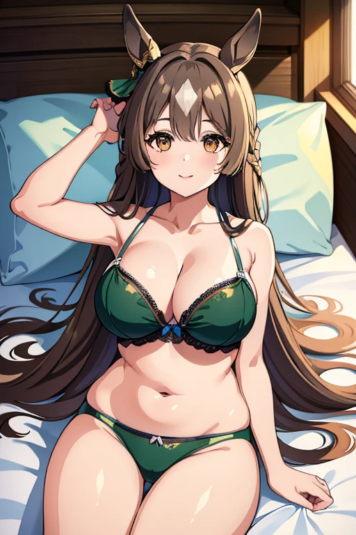 (masterpiece),(Highest quality:1.0), (Ultra-high resolution:1.0), Detailed illustrations, 8K, Pretty face, Big Breasts、Plump、Plump、night、naked、In underwear, Green underwear, whole body、bed、Long Hair, Half Up, Braiding, Hair between the eyes, Animal ears, earrings, Horse tail、Cowboy Shot, Are sleeping, indoor, smile, Open your mouth