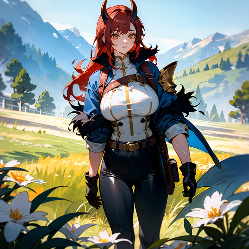 One young Korean woman with golden eyes and lush red hair and large horns, wet bronze skin, huge chest, wearing a blue coat with black fur and rolled up sleeves, steel silver heavy armor, wide leather red belt with large gold yarn, leather black pants, leather gloves, a hiking backpack, stands in the middle of a meadow blooming with flowers against the backdrop of high mountains and forests, not two characters,