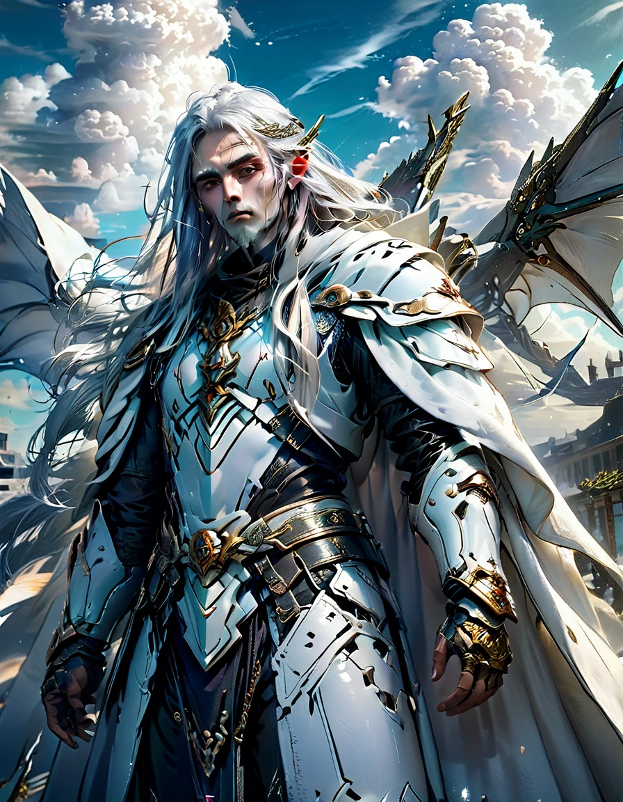Elf god king, man, long white hair, white cloak, epic, HDR, hyper-detailing, cinematic light, background clouds