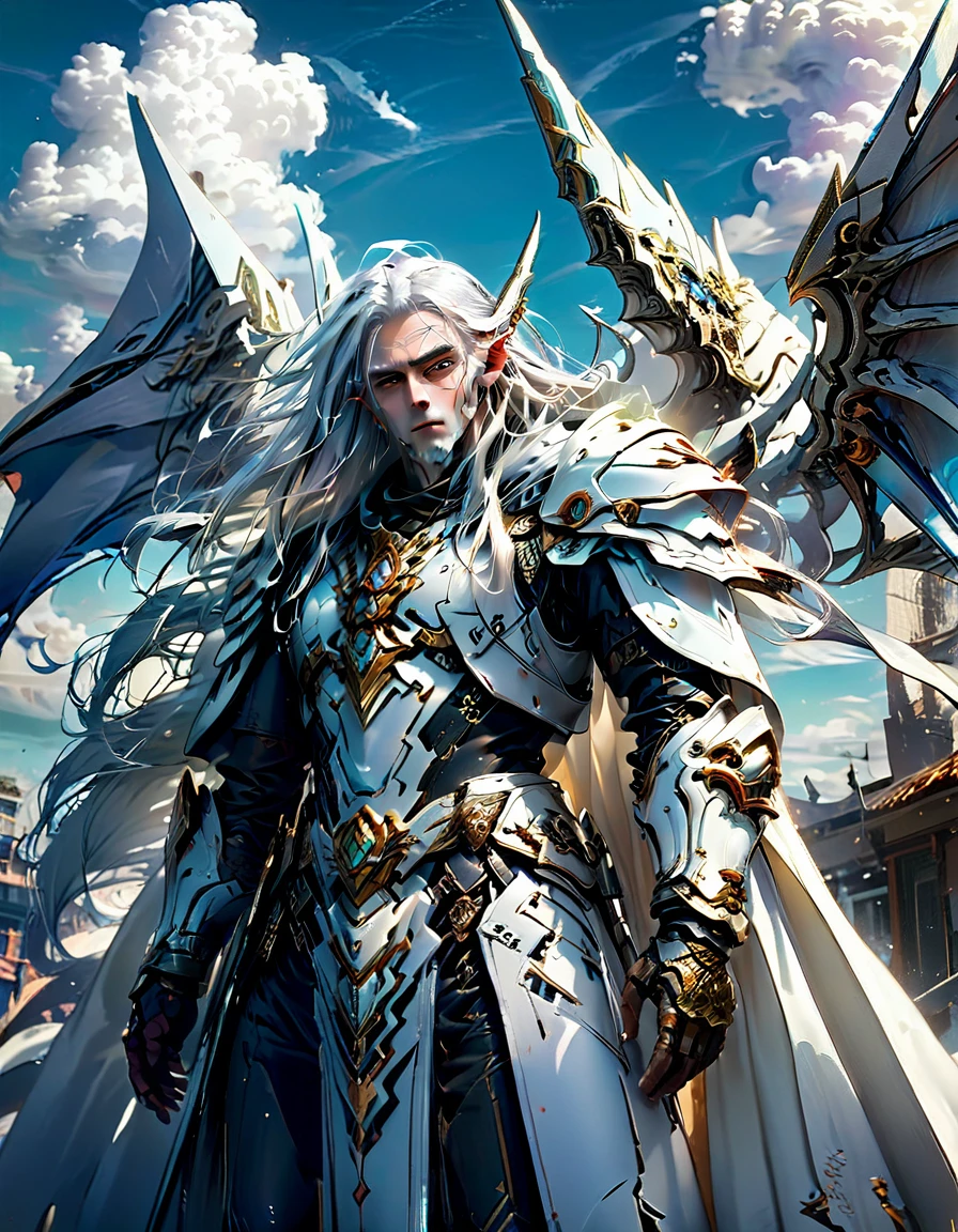 Elf god king, man, long white hair, white cloak, epic, HDR, hyper-detailing, cinematic light, background clouds