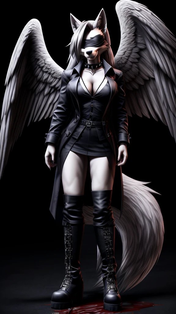 Loona from Helluva Boss, female wolf, anthro, mature adult, white hair, grey eyes, tall, muscular, dark angel, torture and violence angel, shirt, pants, trench coat, boots, chains, blindfolded, smile, covered in blood, standing, detailed, solo, beautiful, high quality, clear dark background, 4K