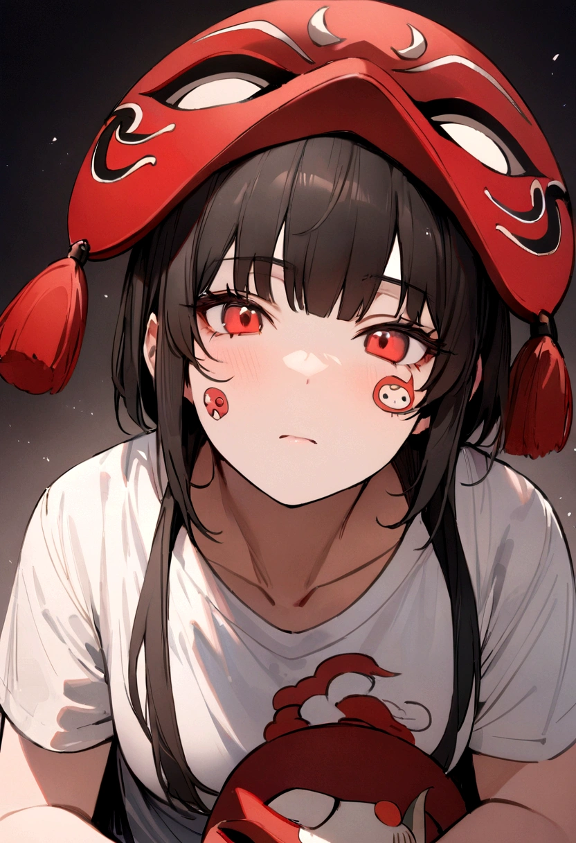 masterpiece, Highest quality, Very detailed, alone, Brush Sticker, (Little:1.4), Simple Background, whole body,Black Hair,semi-long、boyish、Adult women、White T-shirt、Neutral facial features、He is wearing a red Tengu mask on his head.