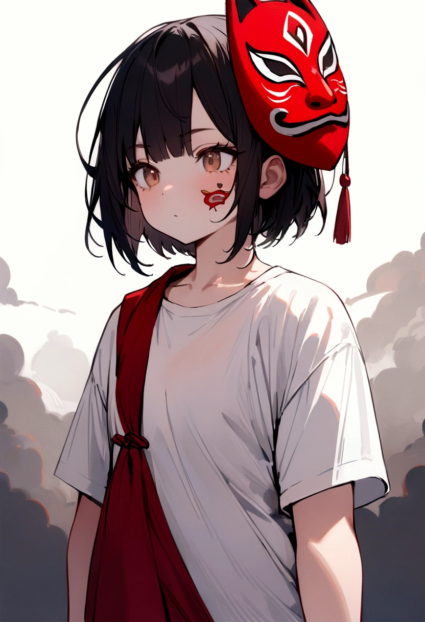 masterpiece, Highest quality, Very detailed, alone, Brush Sticker, (Little:1.4), Simple Background, whole body,Black Hair,semi-long、boyish、Adult women、White T-shirt、Neutral facial features、He is wearing a red Tengu mask on his head.