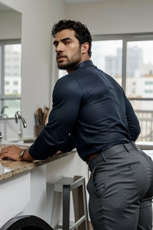 A Hispanic man with a face that looks like Henry Cavill. black man, His body is muscular and he has a toothed beard..  Huge , sexy in a moment of reflection. full body. Fajada shirt, semi formal clothing, silver pants, backside. 