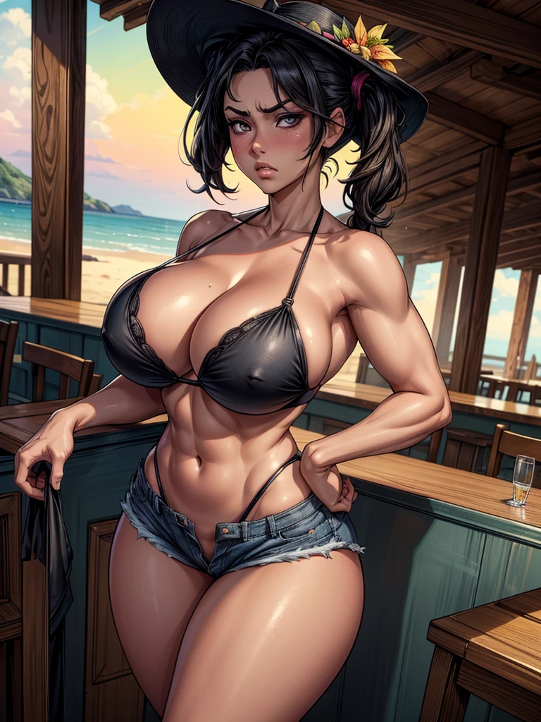 ((Masterpiece)), ((Best Quality)), Ultra High Resolution, HDR, absurderes, 8K, (1 girl), intricate details, ultra-detailed, dramatic lighting, blushing, angry, black eyes, short black hair, 2 pigtails, (wearing a black bikini, jean shorts and a beach hat), in a restaurant, gorgeous girl, large breasts, gorgeous body, glossy skin, vivid colors, full body view, detailed illustration, detail background, feminine, professional artwork, big thighs, cleavage, small waist, wide hips, perfect hands, 