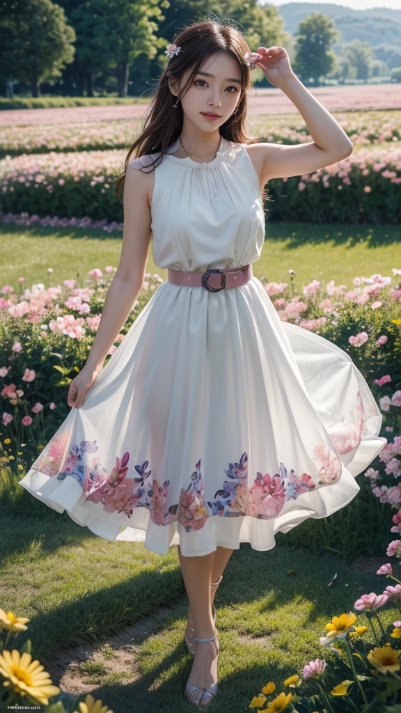 22 years Beautiful korean Girl, masterpiece, best quality, official art, extremely detailed CG unity 8k wallpaper, Ray Tracing, highly detailed, absurdres, Panorama, Depth of field, telephoto lens, angel, looking afar, looking to camera man, in spring, sunset, rainbow, (((flower field))), (((flower sea))), Tyndall effect, 100% Realistic, ((Realistic)), (paper figure),((impasto)),(shiny skin), (water color),bloom effect,detailed beautiful grassland with petal,flower,butterfly,necklace,smile,petal, ((Pink colour GRACE KARIN Boatneck Sleeveless Vintage Tea Dress with Belt)), Perfect body figure, Beautiful Smile, Cinematic photography, Sexy angles, Stylish poses, 4 Different poses, 64k , high resolution picture quality, very clear body figure, Flowers in hand, Butter fly flying on hand,