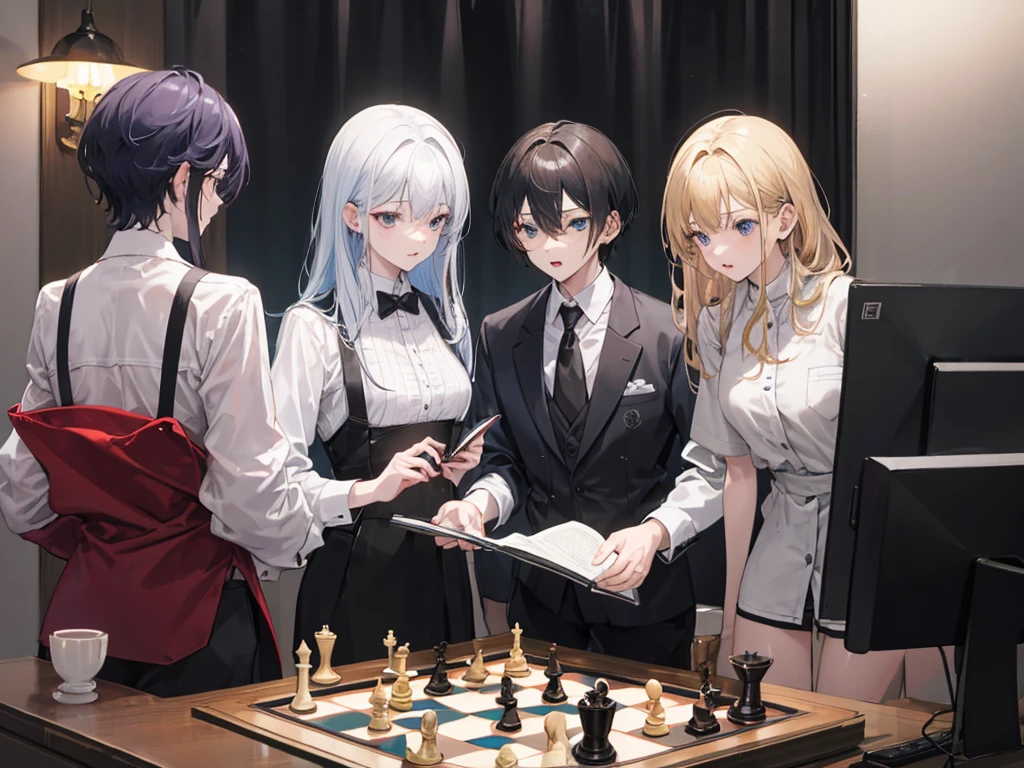Three men and one woman are studying chess 29-year-old