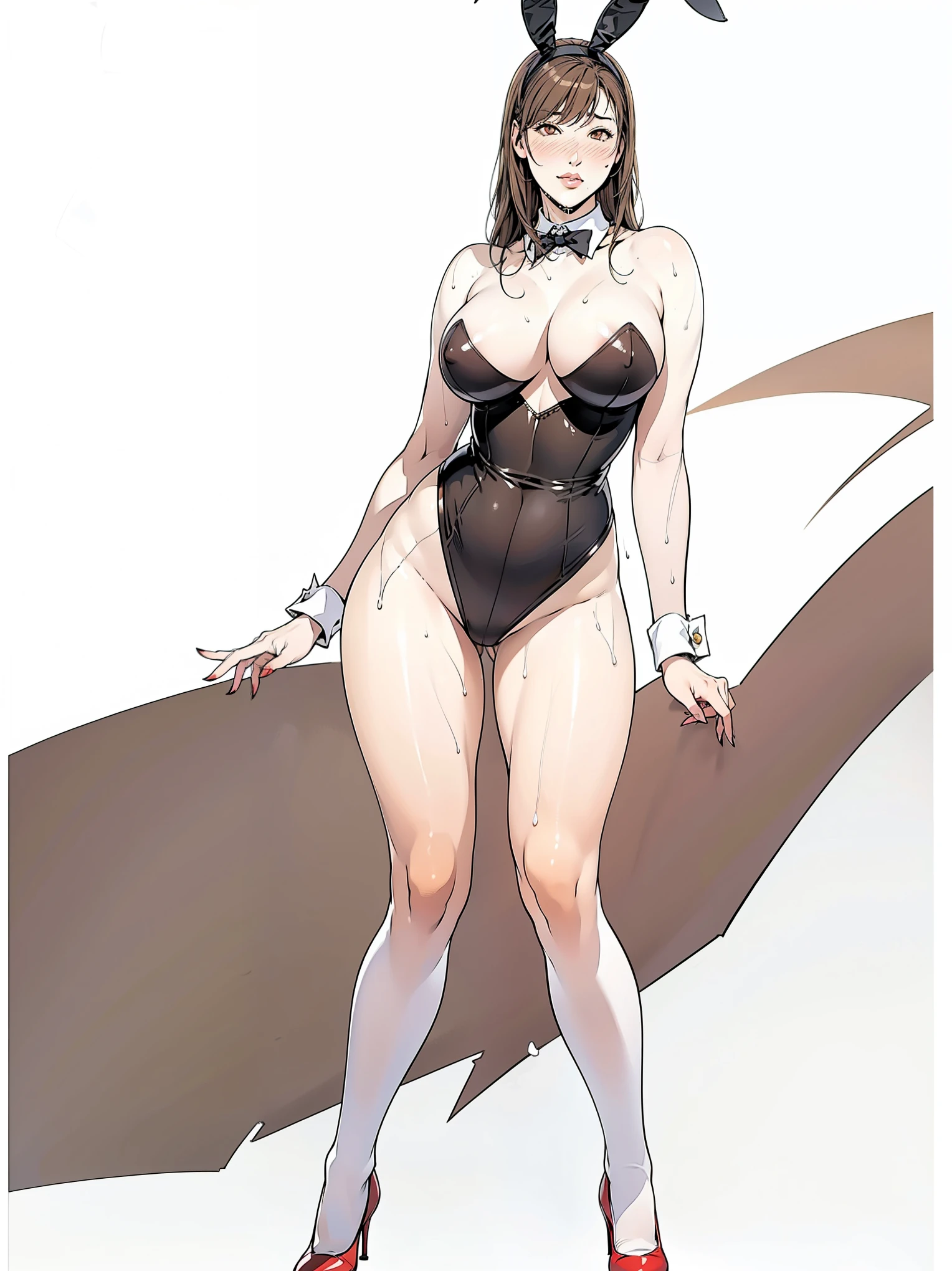 (masterpiece, Highest quality:1.2), One Girl, alone, whole body, Big Breasts,, Brown Hair,Big Breasts, Brown eyes, Mature Woman, blush, Playboy Bunny, Bunny ears headband, Knee socks, ((Wearing red high heels)),, Beautiful body, Beautiful breasts, Beautiful thighs,Are standing,Sexy,Sexy pose, Sexy Face,Wet,