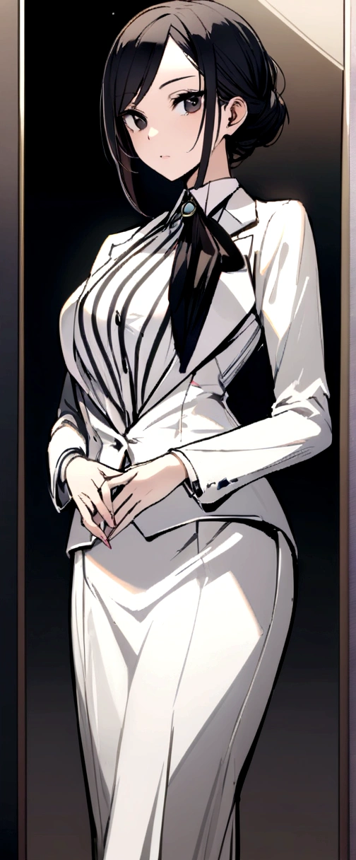 woman, long black hair, black eyes, Formal clothes.